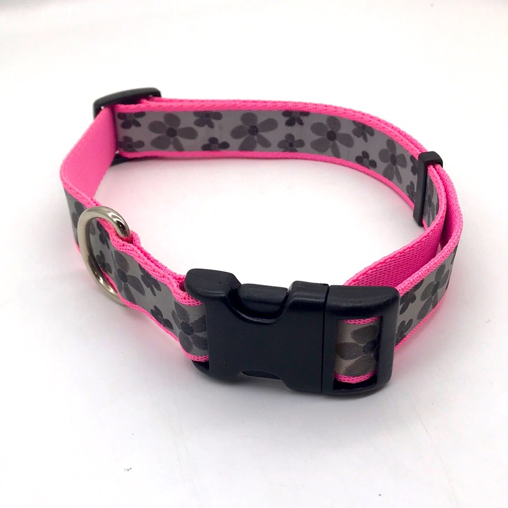 Top Paw Adjustable Reflective Dog Collar (Small to Med.) Pastel Pink/Grey Daisy